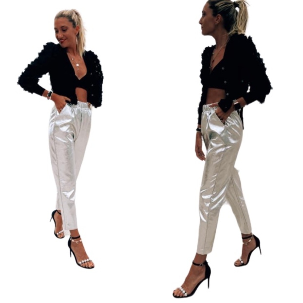 Zara Vegan Leather Metallic Jogger Pants